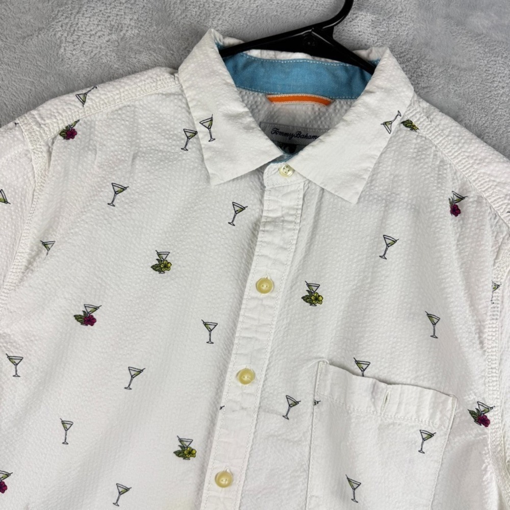 Tommy Bahama Shirt Mens Medium White Geometric Cocktails Seersucker Short Sleeve